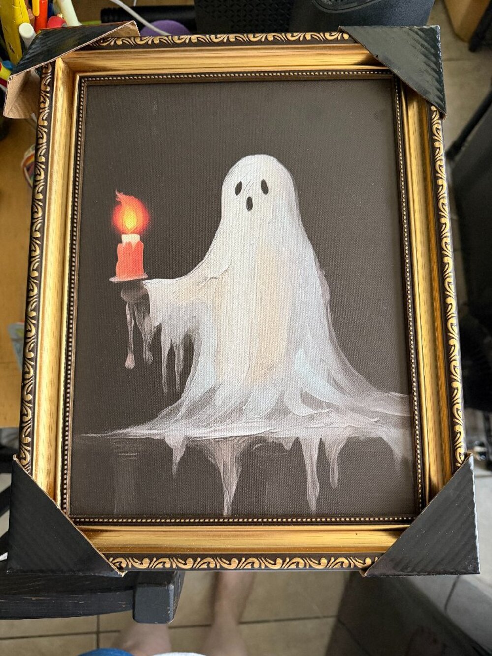 Framed Ghost Wall Art 11x14 Gold Ornate Frame Halloween Spooky Candle Print